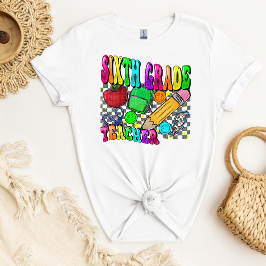 Sixth Grade Teacher Multicolor Font/Grey Checkered DTF Transfer
