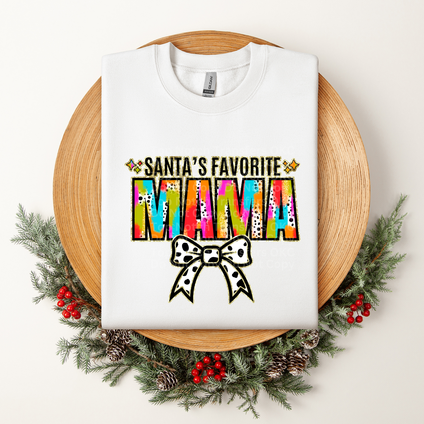 Santa's Favorite Mama Multicolored w/White Bow DTF Transfer