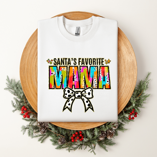 Santa's Favorite Mama Multicolored w/White Bow DTF Transfer