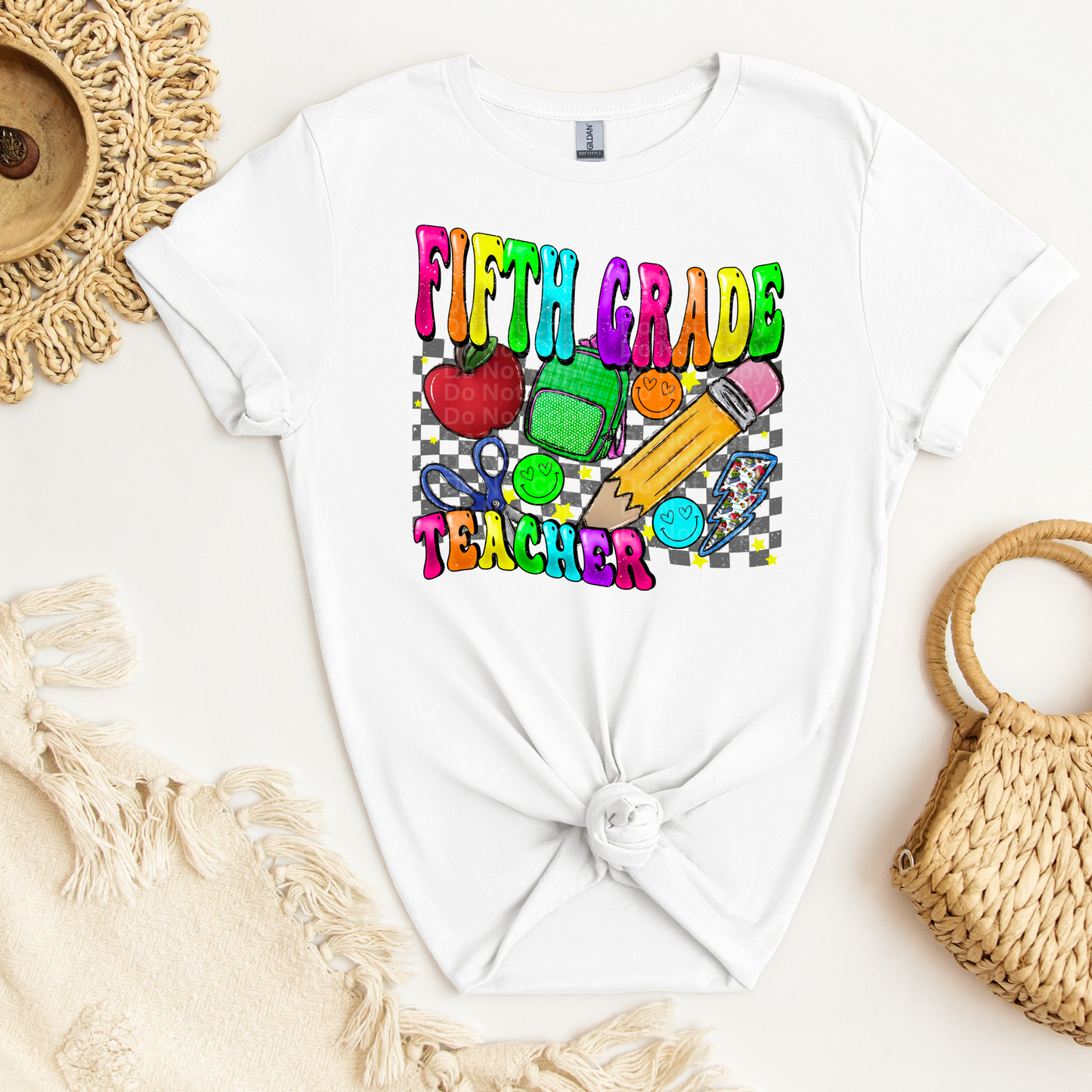 Fifth Grade Teacher Multicolor Font/Grey Checkered DTF Transfer
