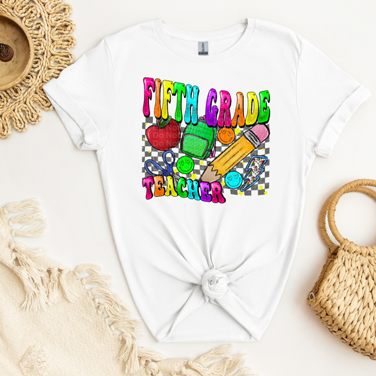 Fifth Grade Teacher Multicolor Font/Grey Checkered DTF Transfer