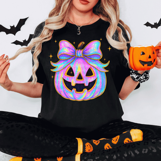 Iridescent Jackolantern w/ bow  DTF Transfer
