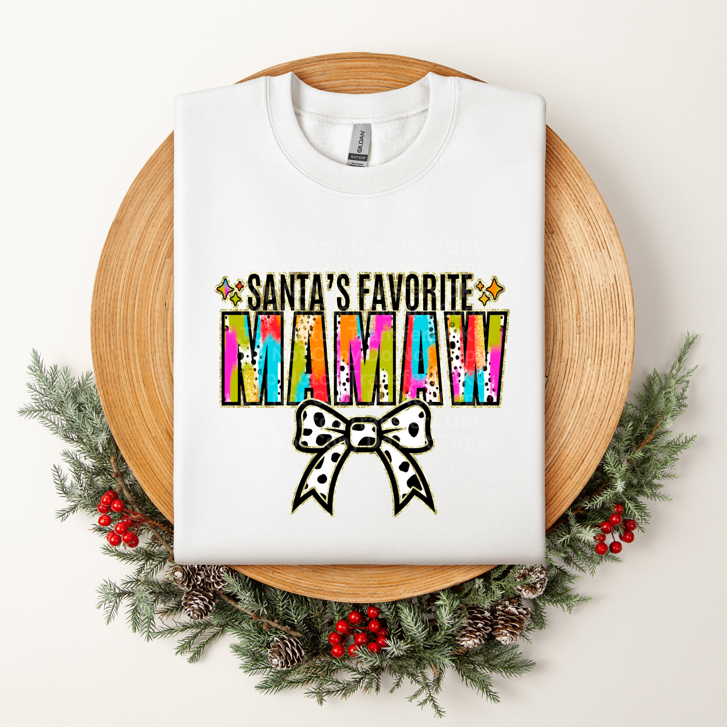 Santa's Favorite Mamaw Multicolored w/White Bow DTF Transfer