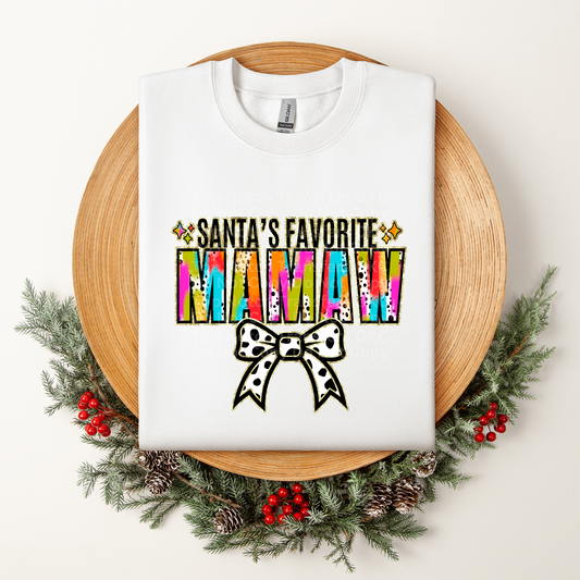 Santa's Favorite Mamaw Multicolored w/White Bow DTF Transfer