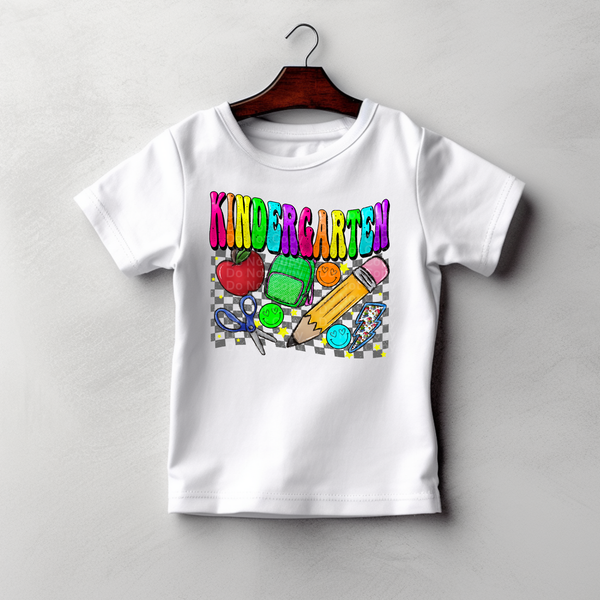 Kindergarten Multicolor Font/Grey Checkered DTF Transfer