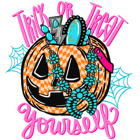 Trick or Treat yourself Conch Pumpkin Pink words DTF Transfer