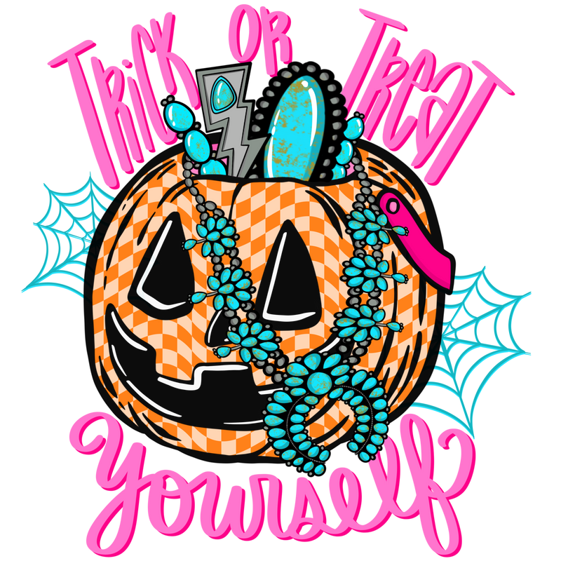 Trick or Treat yourself Conch Pumpkin Pink words DTF Transfer