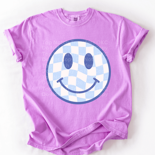Blue Outline Light Blue Checkered Smiley Face DTF Transfer