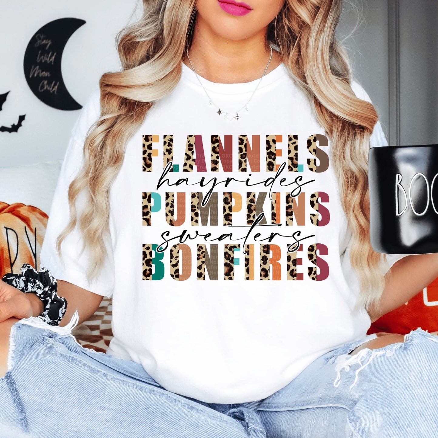 Flannels Pumpkins Bonfires - Half Leopard Design DTF Transfer
