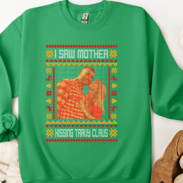 Kissing Travy Claus White Text Ugly Christmas Sweater DTF Transfer