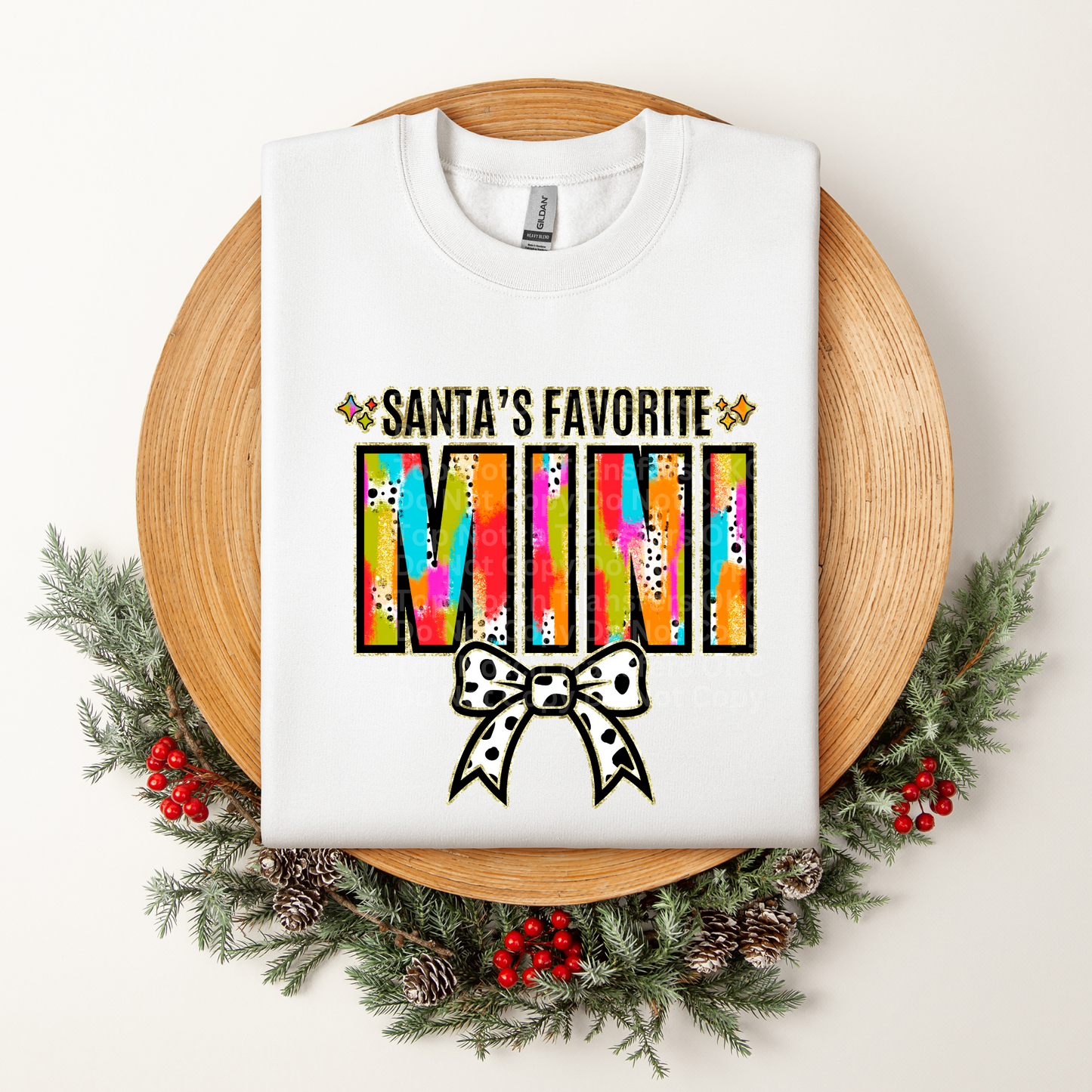Santa's Favorite Mini Multicolored w/White Bow DTF Transfer