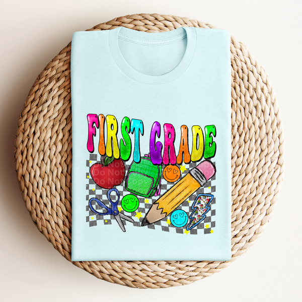 First Grade Multicolor Font/Grey Checkered DTF Transfer