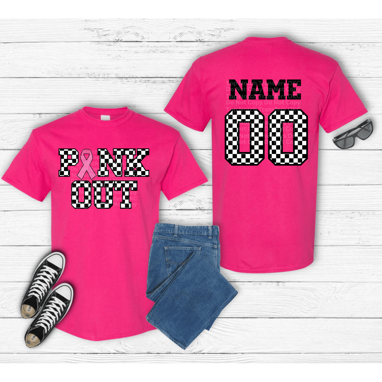 Checkered Pink Out Front/Custom Back Options DTF Transfer