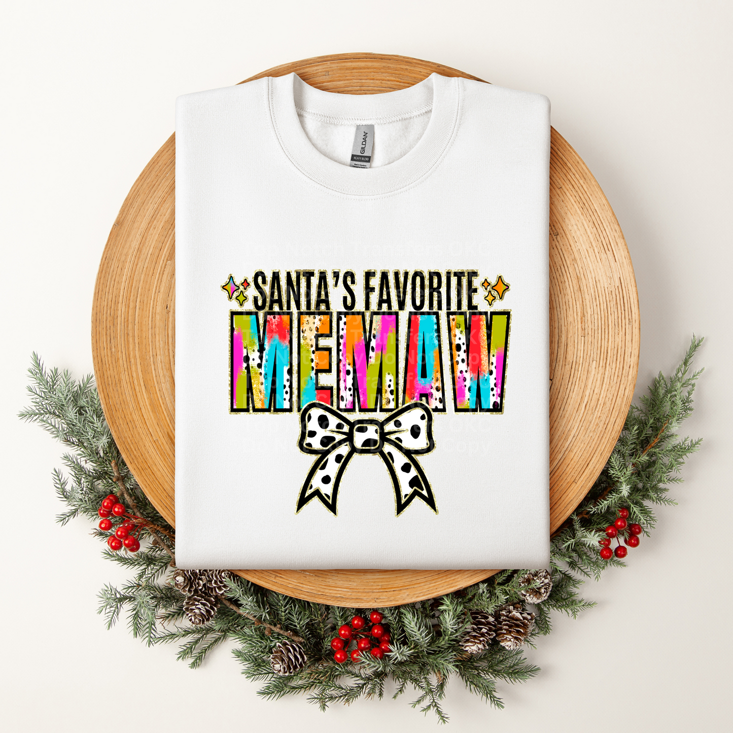 Santa's Favorite Memaw Multicolored w/White Bow DTF Transfer