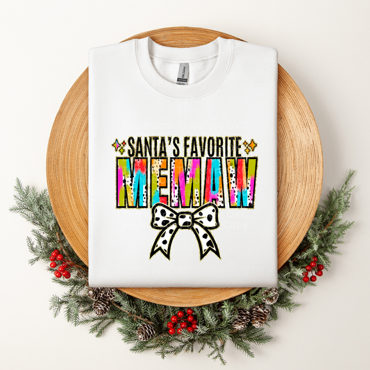 Santa's Favorite Memaw Multicolored w/White Bow DTF Transfer