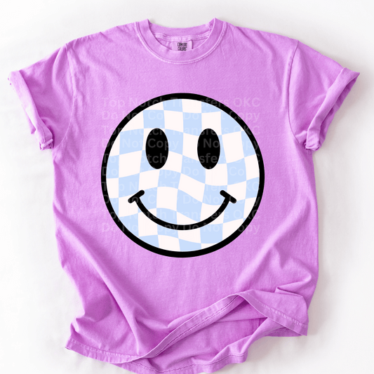 Black Outline Light Blue Checkered Smiley Face DTF Transfer