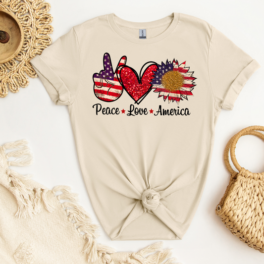 Peace Love America Peace Sign Red Heart Patriotic Flower DTF Transfer