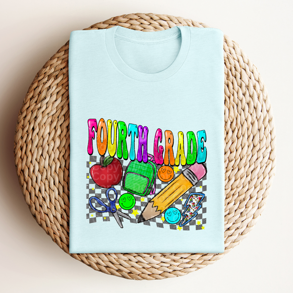 Fourth Grade Multicolor Font/Grey Checkered DTF Transfer