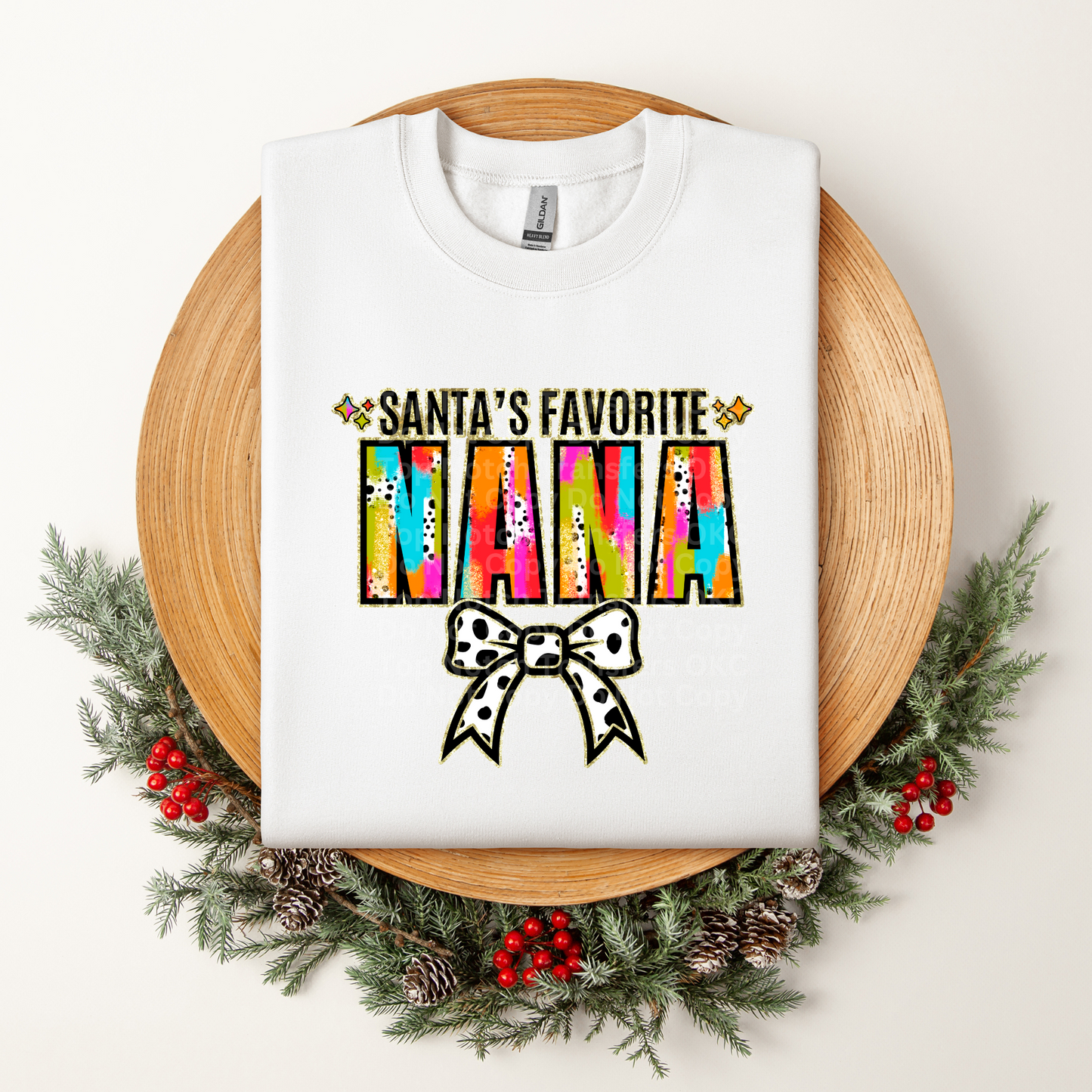 Santa's Favorite Nana Multicolored w/White Bow DTF Transfer