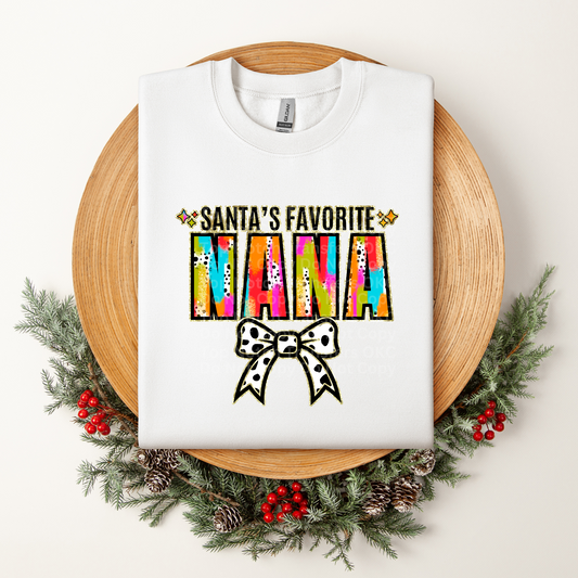 Santa's Favorite Nana Multicolored w/White Bow DTF Transfer