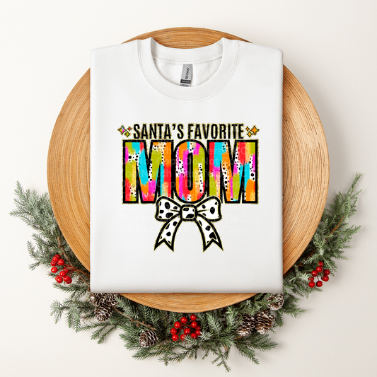 Santa's Favorite Mom Multicolored w/White Bow DTF Transfer