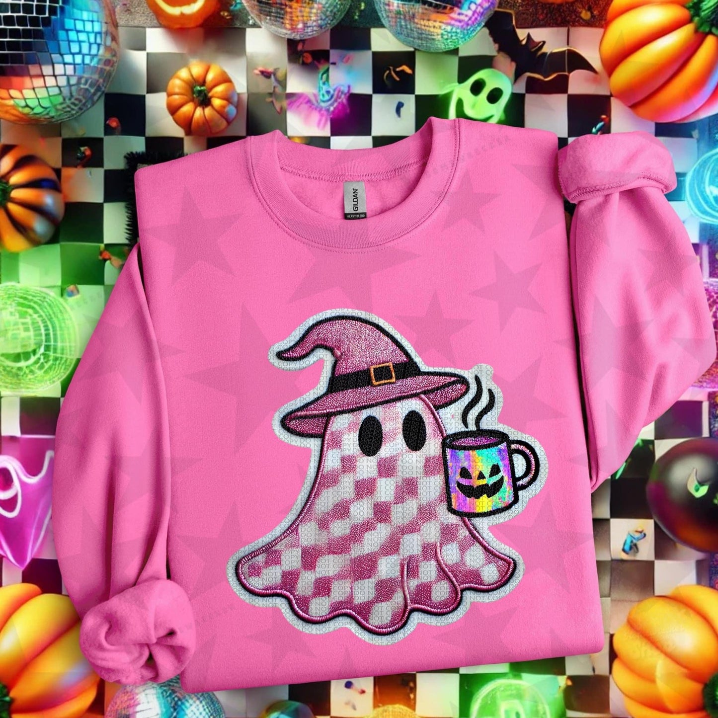 Pink checkered Faux embroidery ghost DTF Transfer