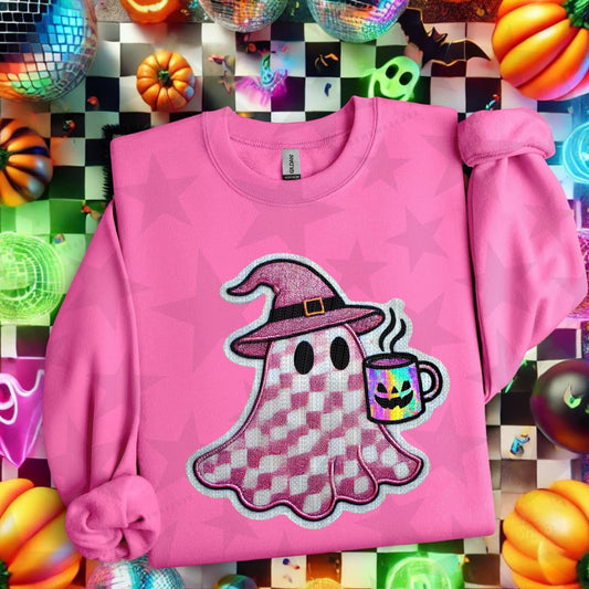 Pink checkered Faux embroidery ghost DTF Transfer