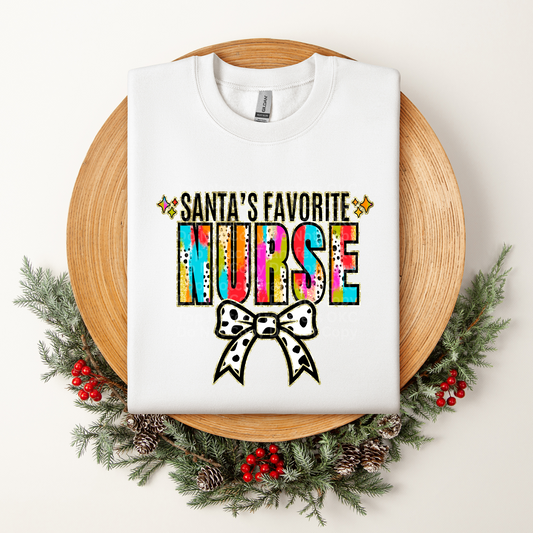 Santa's Favorite Nurse Multicolored w/White Bow DTF Transfer