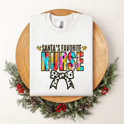 Santa's Favorite Nurse Multicolored w/White Bow DTF Transfer