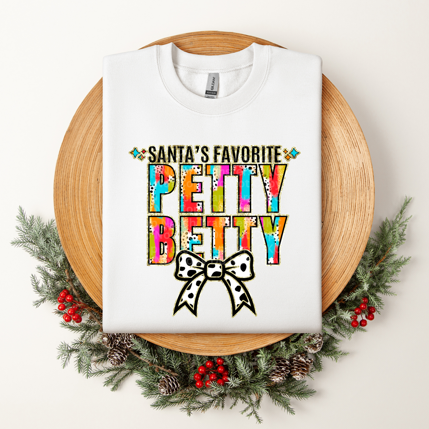 Santa's Favorite Petty Betty Multicolored w/White Bow DTF Transfer