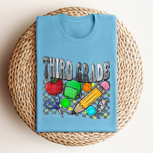 Third Grade Grey Font/Grey Checkered DTF Transfer