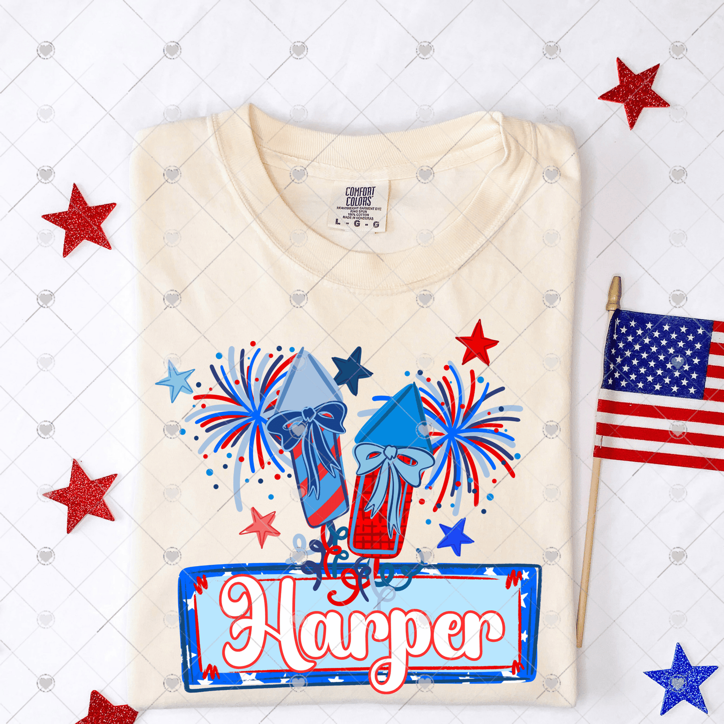 Custom Fireworks Bow w/ Name DTF Transfer