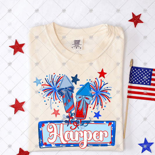 Custom Fireworks Bow w/ Name DTF Transfer