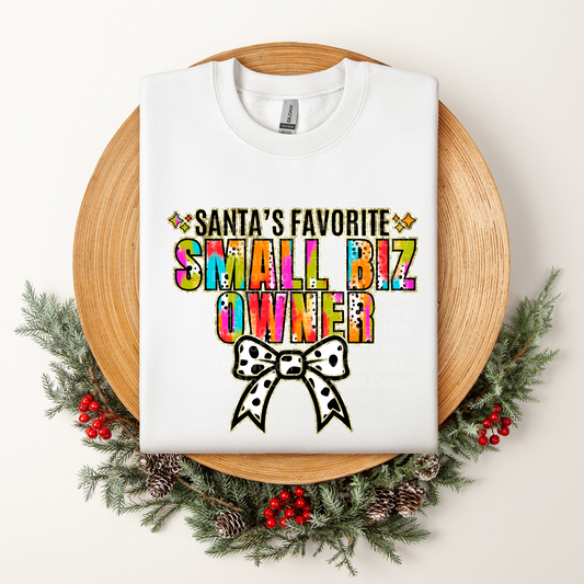 Santa's Favorite Small Biz Owner Multicolored w/White Bow DTF Transfer