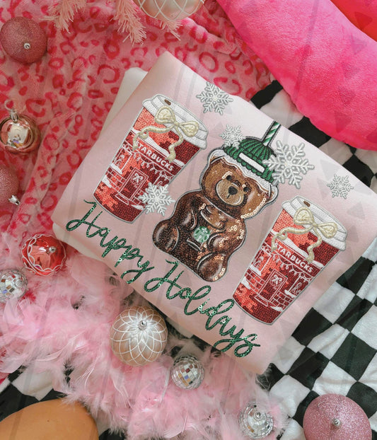 Happy Holidays Starbies Bear and Red Cups DTF Transfer
