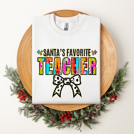 Santa's Favorite Teacher Multicolored w/White Bow DTF Transfer