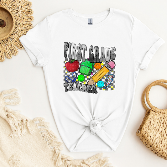 First Grade Teacher Grey Font/Grey Checkered DTF Transfer