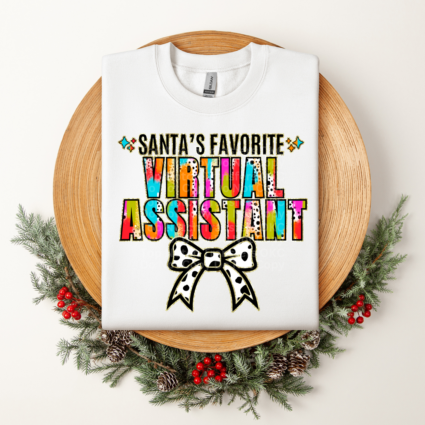 Santa's Favorite Virtual Assistant Multicolored w/White Bow DTF Transfer