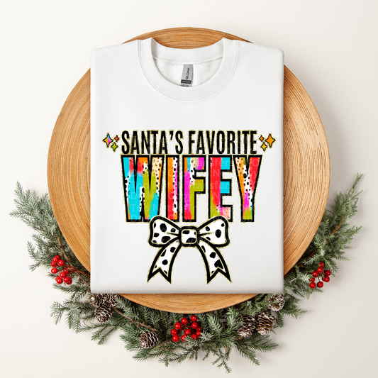 Santa's Favorite Wifey Multicolored w/White Bow DTF Transfer