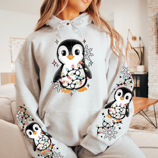 Penguin wrapped in Lights*Optional long sleeve design* DTF Transfer