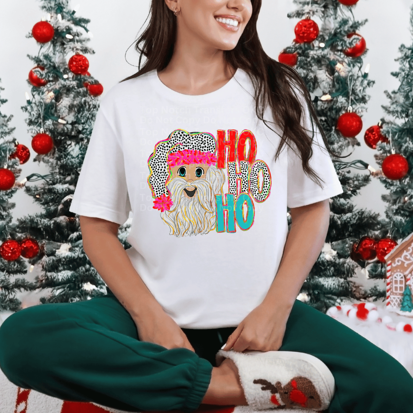 Ho Ho Ho Happy Santa w/Dotted & Pink Hat (Light) DTF Transfer