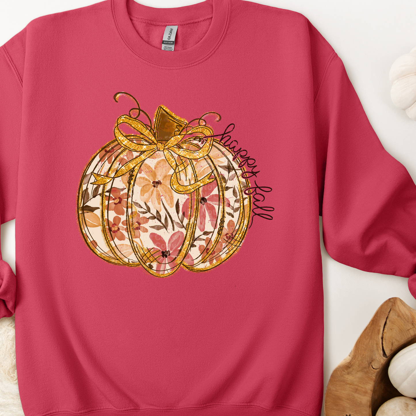 Happy Fall Floral Pumpkin w/Gold Bow DTF Transfer