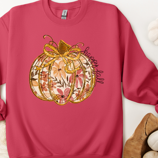 Happy Fall Floral Pumpkin w/Gold Bow DTF Transfer