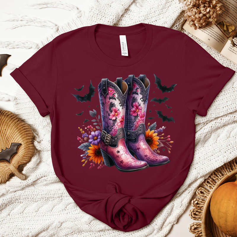 Cute Purple Boots with Flowers & Bats DTF Transfer