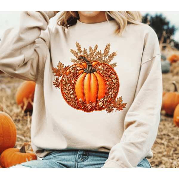 Faux Embroidery Pumpkin with gold details DTF Transfer