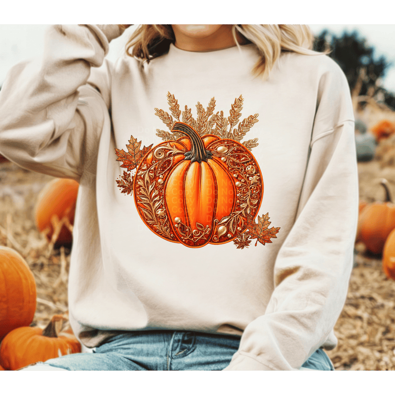 Faux Embroidery Pumpkin with gold details DTF Transfer