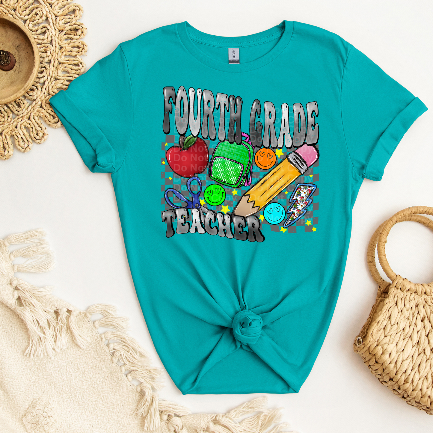 Fourth Grade Teacher Grey Font/Grey Checkered DTF Transfer