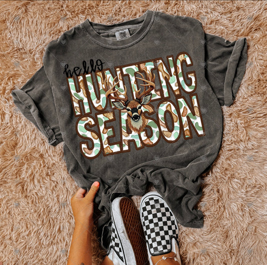 Hello Hunting Season Faux Embroidery Green DTF Transfer