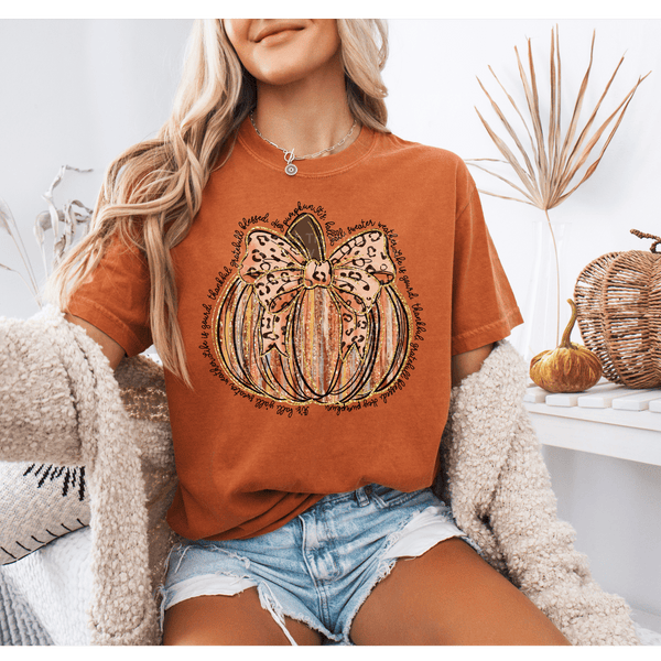 Thankful Grateful Blessed Pumpkin with Leopard Bow DTF Transfer