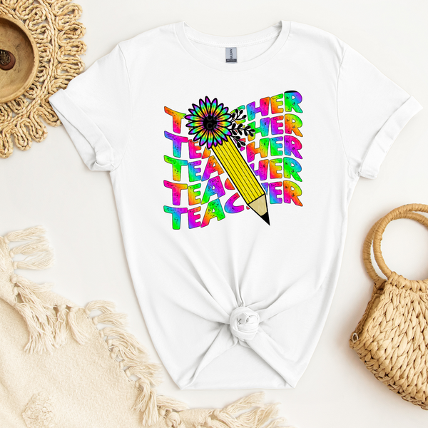 Teacher Stacked/Wavy Multicolor Pencil/flower DTF Transfer